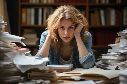 A young woman looks distressed while sitting at a cluttered desk filled with papers and books in a library. The chaotic environment reflects her overwhelming study load - Powered by Adobe