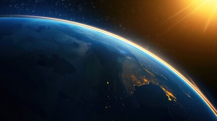 Obraz premium Earth From Space Sunrise View with Night Lights and Bright Sunlight