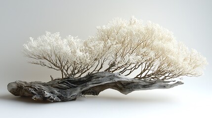 Artistic photo depicting a serene bonsai tree sculpture with white branches and aged driftwood
