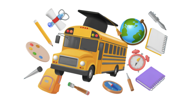 School Bus and Education Supplies Collage