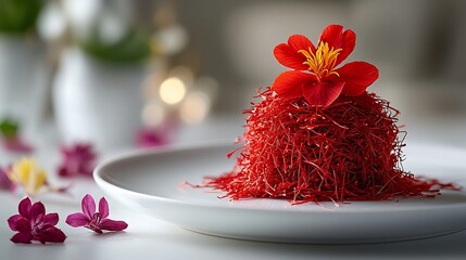 Artistic presentation of saffron strands with a red flower on a white plate photo