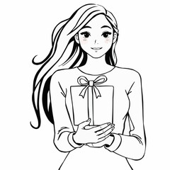Woman holding a gift box with a smile in a line art style  