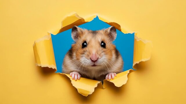 Curious Hamster Peeking Through Hole - A golden hamster looks curiously at the camera from a hole in yellow paper, set against a blue background.