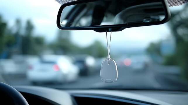 Nice photo of view inside a car showing a rear view mirror and a white air freshener hanging from the mirror.