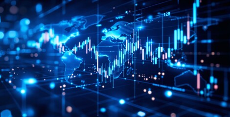 Global financial trading chart with glowing blue bars and world map on digital interface background illustrating business data and economy concept. Ai generative