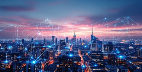Futuristic digital network connections over a modern city skyline at dusk illustrating smart city technology and data-driven business concept. Ai generative