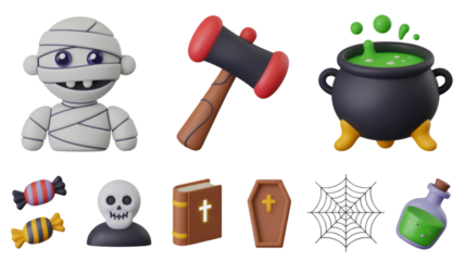 Spooky Halloween Icons: Mummy, Cauldron, Coffin, and More