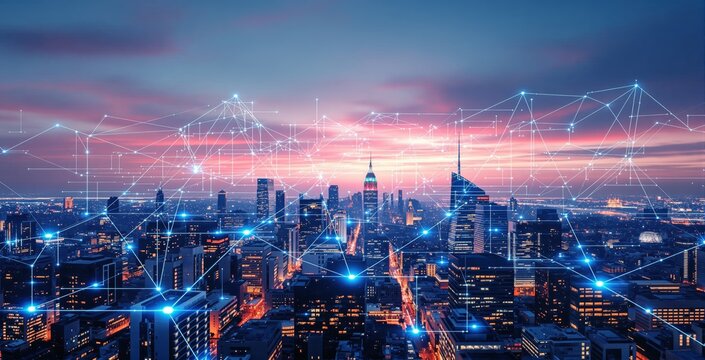 Futuristic digital network connections over a modern city skyline at dusk illustrating smart city technology and data-driven business concept. Ai generative