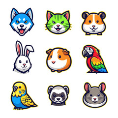 Cute Cartoon Pet Faces: A delightful collection of cartoon animal faces, including a husky, cat, hamster, rabbit, guinea pig, parrot, parakeet, ferret, and mouse.