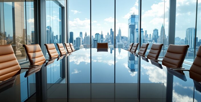 Modern corporate boardroom with leather chairs and panoramic city skyline view under blue sky, depicting business leadership and success concept. Ai generative