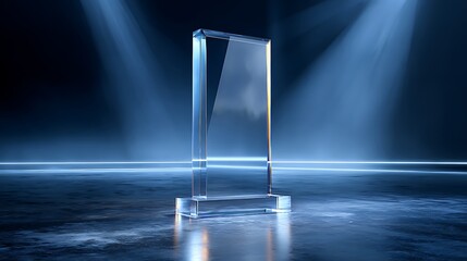 Nice photo of stunning photo of empty acrylic award design mockup, blank glass trophy mockup. Template for a transparent crystal prize plate.