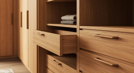 Modern wooden closet with open drawer and neatly folded clothes, creating organized storage.