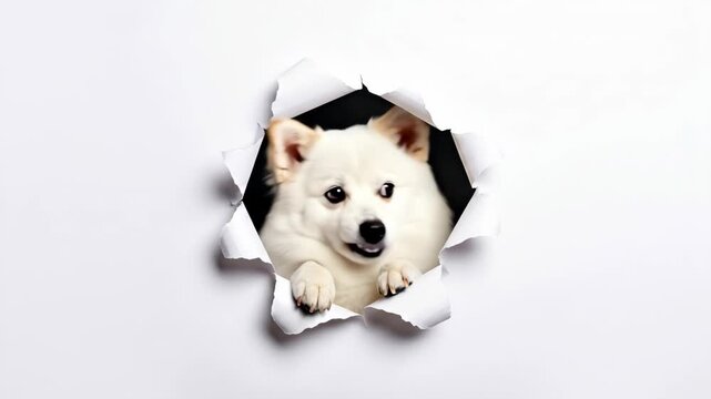 Playful Japanese Spitz Puppy Peeking Through Hole - An adorable white Japanese Spitz puppy playfully peeks through a torn hole in a white background.