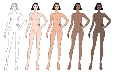 Colored skin tones fashion croquis figurines with hand on hip short hair woman in vector.