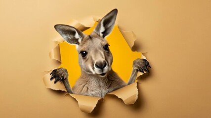 Playful Kangaroo Peeking Through Torn Paper - A curious kangaroo playfully peers through a hole in a tan-colored piece of paper, set against a vibrant yellow background.
