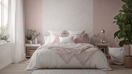Bedroom interior design ideas: pink and white aesthetic, cozy bedding, plants, home decor trend