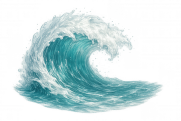 Massive ocean wave crashing, generating white foamy spray against transparent backdrop, highlighting dynamic marine power and natural water movement