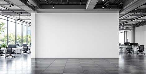 Blank white wall in modern open-plan office interior with desks and computers, ideal for business design mockup or clean template concept display. Ai generative
