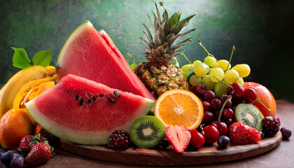 summer fruit abundance a vibrant mix of fresh juicy fruits including watermelon pineapple orange kiwi strawberry grapes and cherries creating a delicious and colorful summer still life