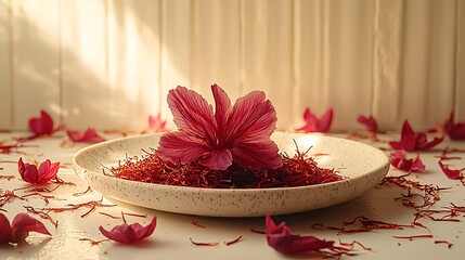 Beautiful arrangement of saffron threads and red flower on a white ceramic photo