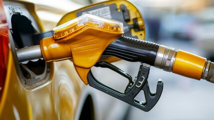 Dynamic pouring of bright fuel from a gas pump nozzle urban gas station close-up photography daylight setting focused perspective