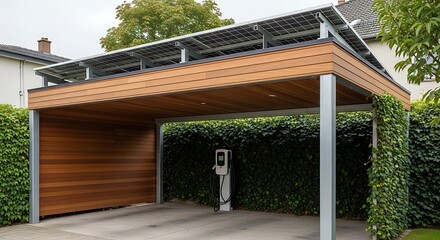 Modern Carport with Solar Panels and EV Charging Station.
