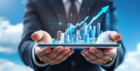 Businessman holding tablet with digital cityscape and upward growth graph concept in sky background, representing success and innovation in business. Ai generative