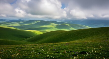Obraz premium Rolling Green Hills Under a Cloudy Sky.