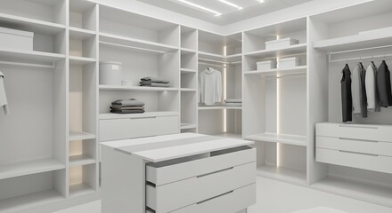 Modern minimalist walk-in closet with immaculate organization and sleek integrated lighting for stylish living.