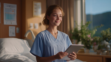 Fototapeta premium Modern Hospital Room with Nurse Using Tablet