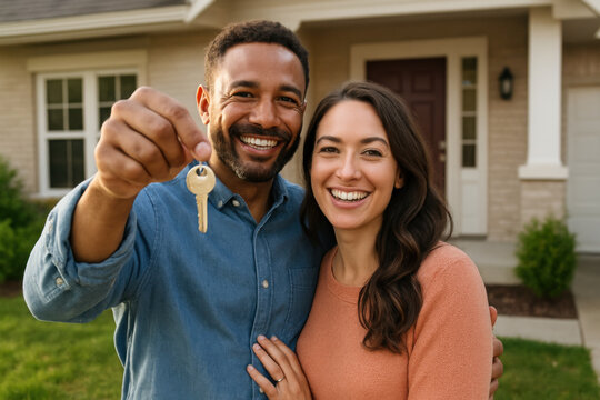 Happy couple showing new house key while smiling and embracing in front of home
