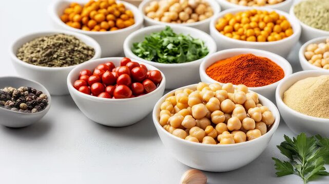 Multiple small white bowls containing chickpeas, various spices and herbs, creating a colorful and organized arrangement on a white background