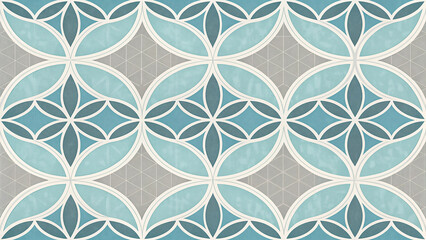 Seamless geometric pattern with interlocking oval shapes and floral elements in blue and grey