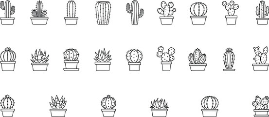 Cactus and succulent icon set, black and white vector plants, minimal botanical design, potted greenery, cad drawing flat vector illustration