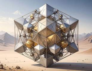 Inspired metal sculptures of geometric forms shine under the sun in a vast desert landscape