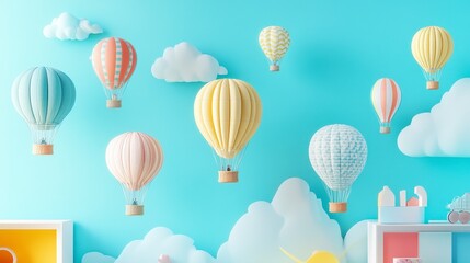 Pastel hot air balloon nursery decor wallpaper background for kids room design ideas trend