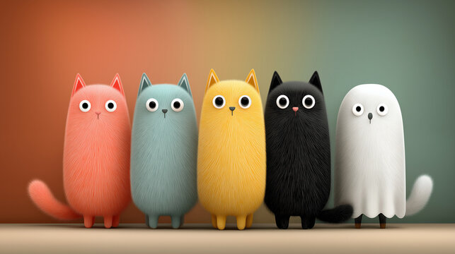 Charming Group of Playful Feline and Ghost-like Characters