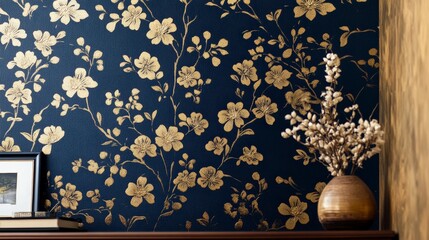 Floral wallpaper gold flowers navy blue home decor interior design elegant botanical pattern 90s style