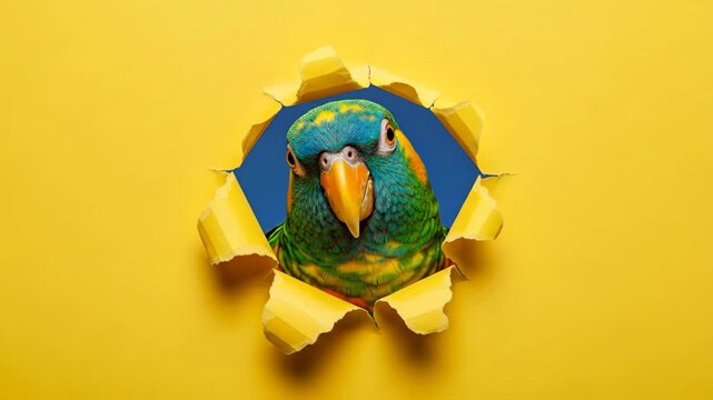 Parrot Peeking Through Torn Paper - A vibrant parrot's head pokes through a hole in bright yellow paper against a blue background.