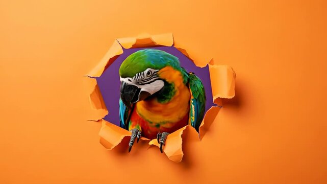 Playful Parrot Peeking Through Torn Paper - A vibrant macaw parrot playfully peers through a hole in bright orange paper, set against a purple background.