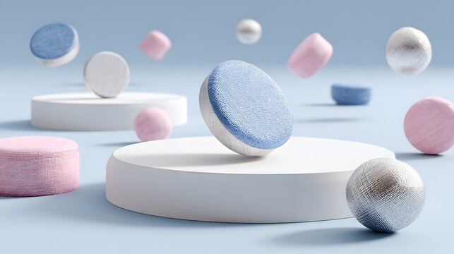 Pastel-colored, textured discs and spheres levitate atop minimalist white platforms against a soft blue backdrop, creating a dynamic and airy aesthetic.