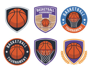Collection of six basketball emblems and badges featuring balls and hoops