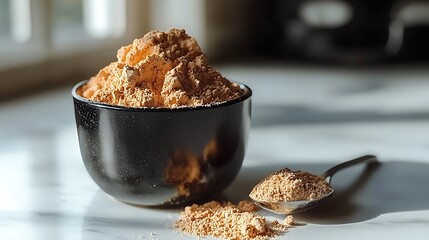 Close up of a black bowl filled with maca powder with a spoon photo.