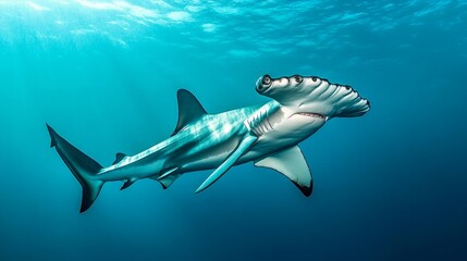 Obraz premium Dynamic hammerhead shark swimming in serene ocean depths a captivating underwater scene