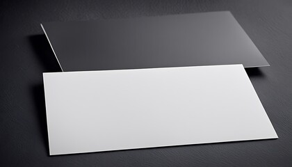 A close up of two rectangular sheets of paper one white and one gray on a dark gray background surface
