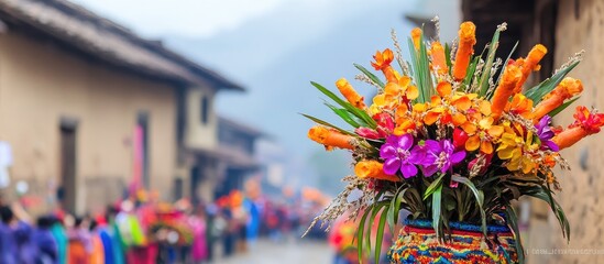 Vibrant Floral Arrangement with Blurred Festive Procession in Background