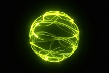 Neon glowing particle 3d sphere. Yellow and green neon energy orb. Future technology, neural networks, artificial intelligence background. Virtual assistant concept. Vibrant 3d sphere