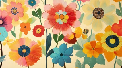 A vibrant floral pattern with colorful flowers and leaves on a light yellow background