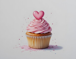 Cupcake with pink frosting topped with a heart decoration on a light background.