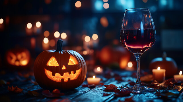 Halloween celebration featuring carved pumpkin, wine glass, and lit candles in cozy setting
